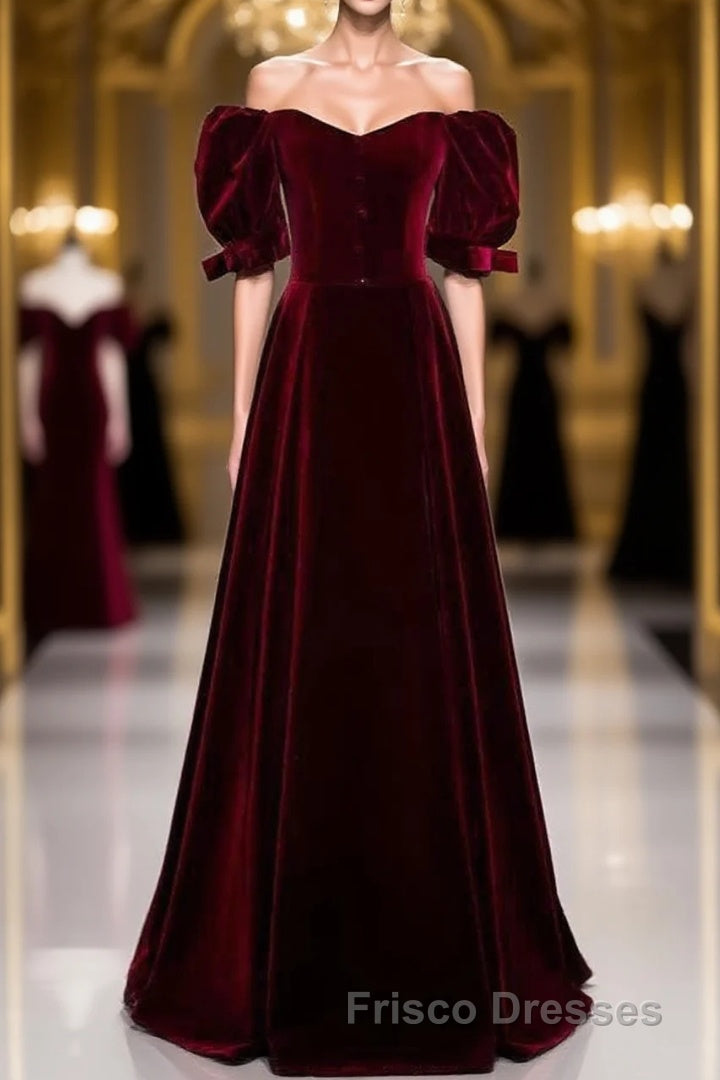 Modest Burgundy Long Formal Prom Dress with Short Sleeves Vintage Evening Gown