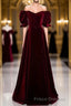 Modest Burgundy Long Formal Prom Dress with Short Sleeves Vintage Evening Gown