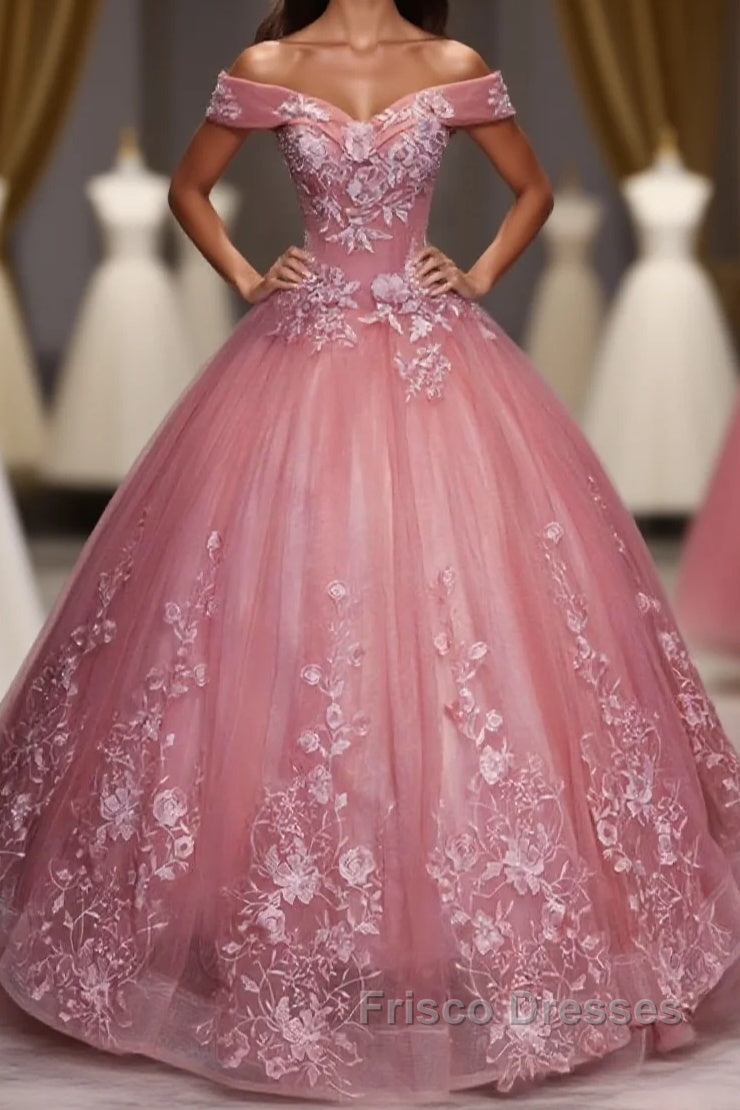 Pink Tulle Lace Off Shoulder Long Formal Prom Dress, Pink Tulle Evening Dress, 1 Main image
