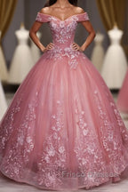 Pink Tulle Lace Off Shoulder Long Formal Prom Dress, Pink Tulle Evening Dress, 1