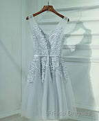 Gray A Line Lace Tulle Short Formal Prom Dress, Homecoming Dress