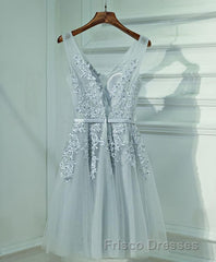 Gray A Line Lace Tulle Short Formal Prom Dress, Homecoming Dress