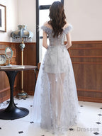 Gray Sweetheart Neck Tulle Long Prom Dress Gray Evening Dress