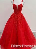 Red Tulle Lace A Line Formal Prom Evening Dress Appliques Long Formal Prom Dress