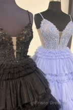 Lilac Floral Layers Spaghetti Straps Lonh Formal Prom Dress