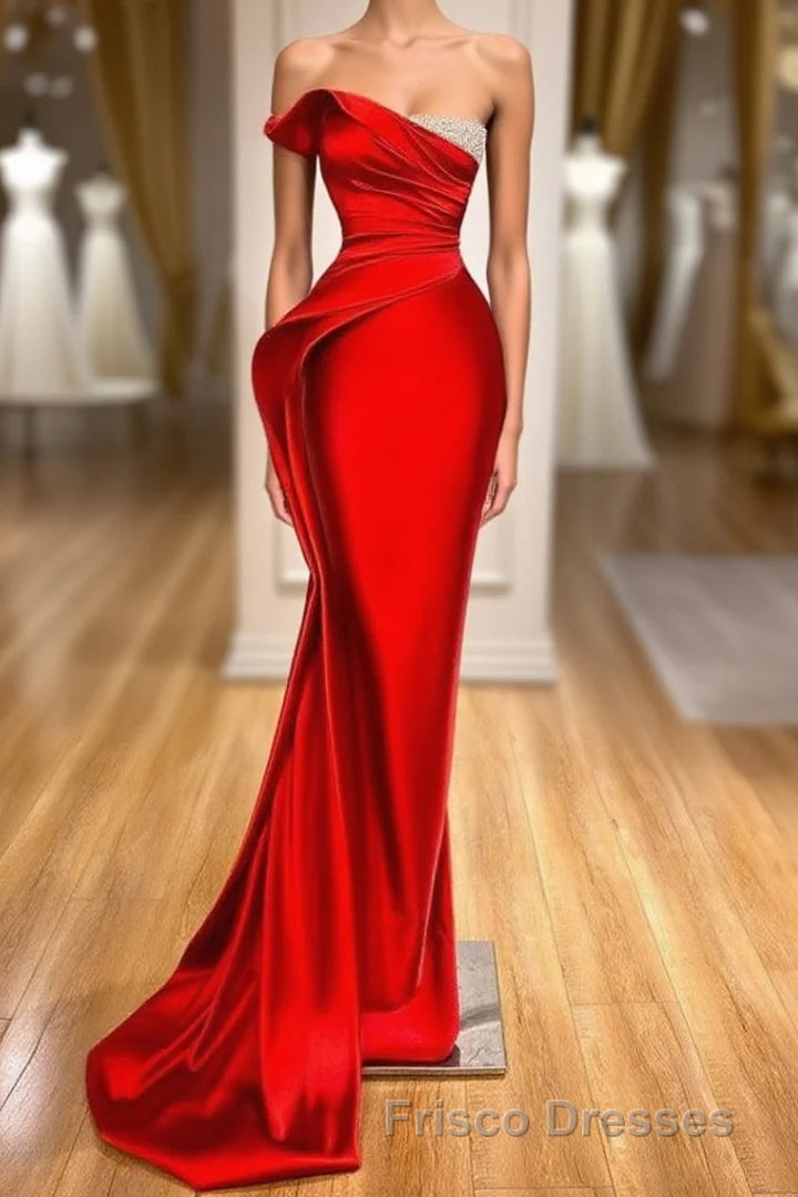 Sexy Red Mermaid Long Formal Prom Dress With Beads Ruffles Main image