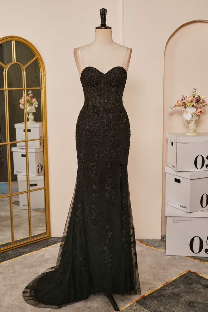Black Strapless Appliques Mermaid Long Prom Dresses with Slit
