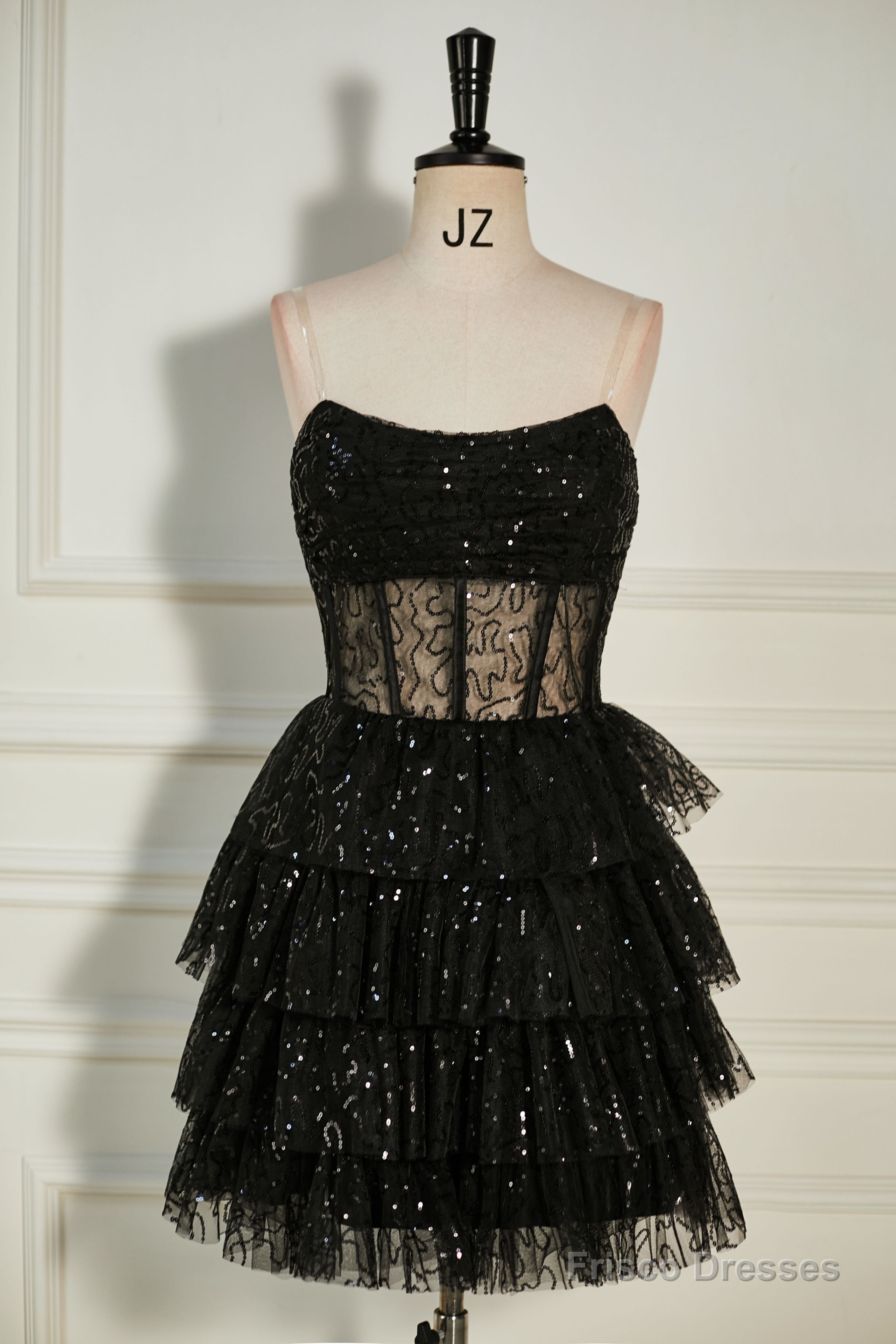 Black Strapless Beaded Multi-Layers Homecoming Dress Main image