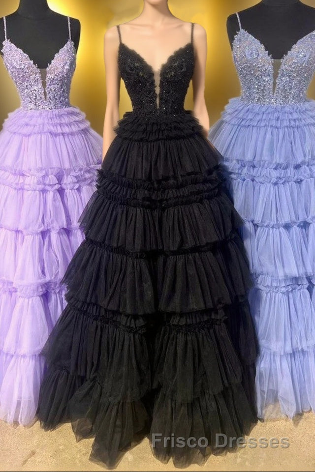 Lilac Floral Layers Spaghetti Straps Lonh Formal Prom Dress