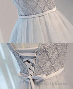 Gray Tulle Beads Short Formal Prom Dress, Gray Homecoming Dress