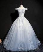 Blue Tulle Lace Off Shoulder Long Formal Prom Dress, Blue Tulle Lace Evening Dress
