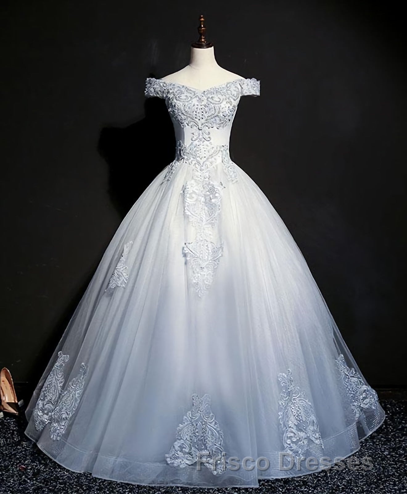 Blue Tulle Lace Off Shoulder Long Formal Prom Dress, Blue Tulle Lace Evening Dress