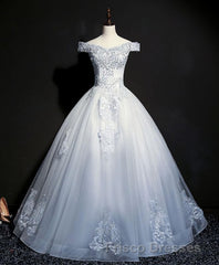 Blue Tulle Lace Off Shoulder Long Formal Prom Dress, Blue Tulle Lace Evening Dress