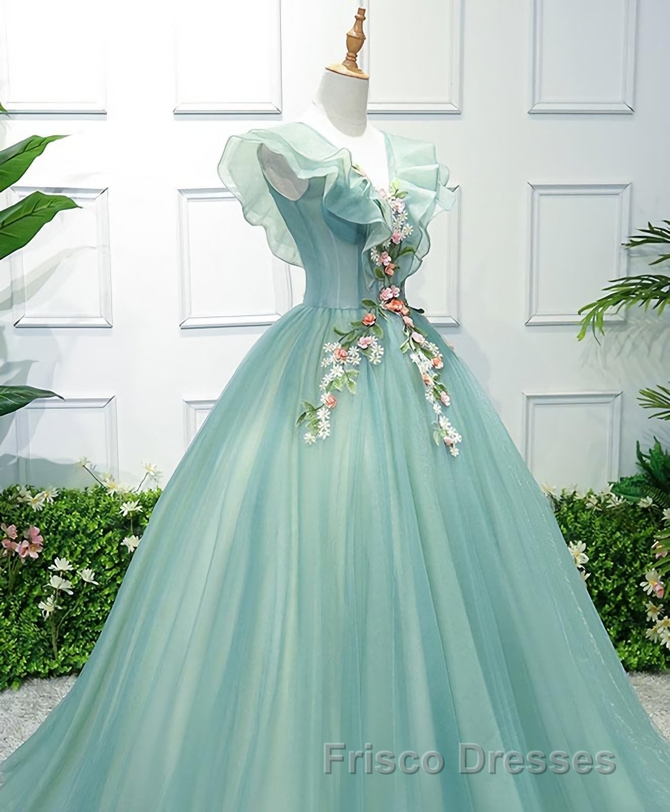 Green V Neck Tulle Long Formal Prom Dress, Green Evening Dress
