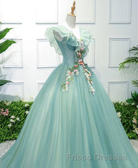 Green V Neck Tulle Long Formal Prom Dress, Green Evening Dress