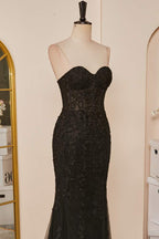 Black Strapless Appliques Mermaid Long Prom Dresses with Slit