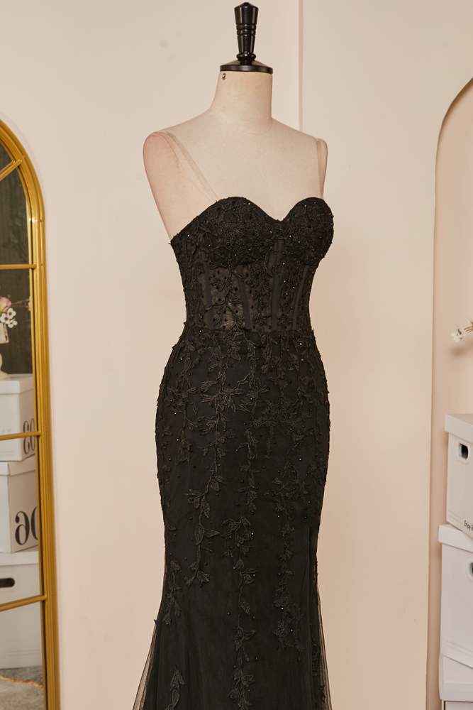 Black Strapless Appliques Mermaid Long Prom Dresses with Slit