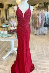 Red Beaded Plunge V Mermaid Long Formal Dress