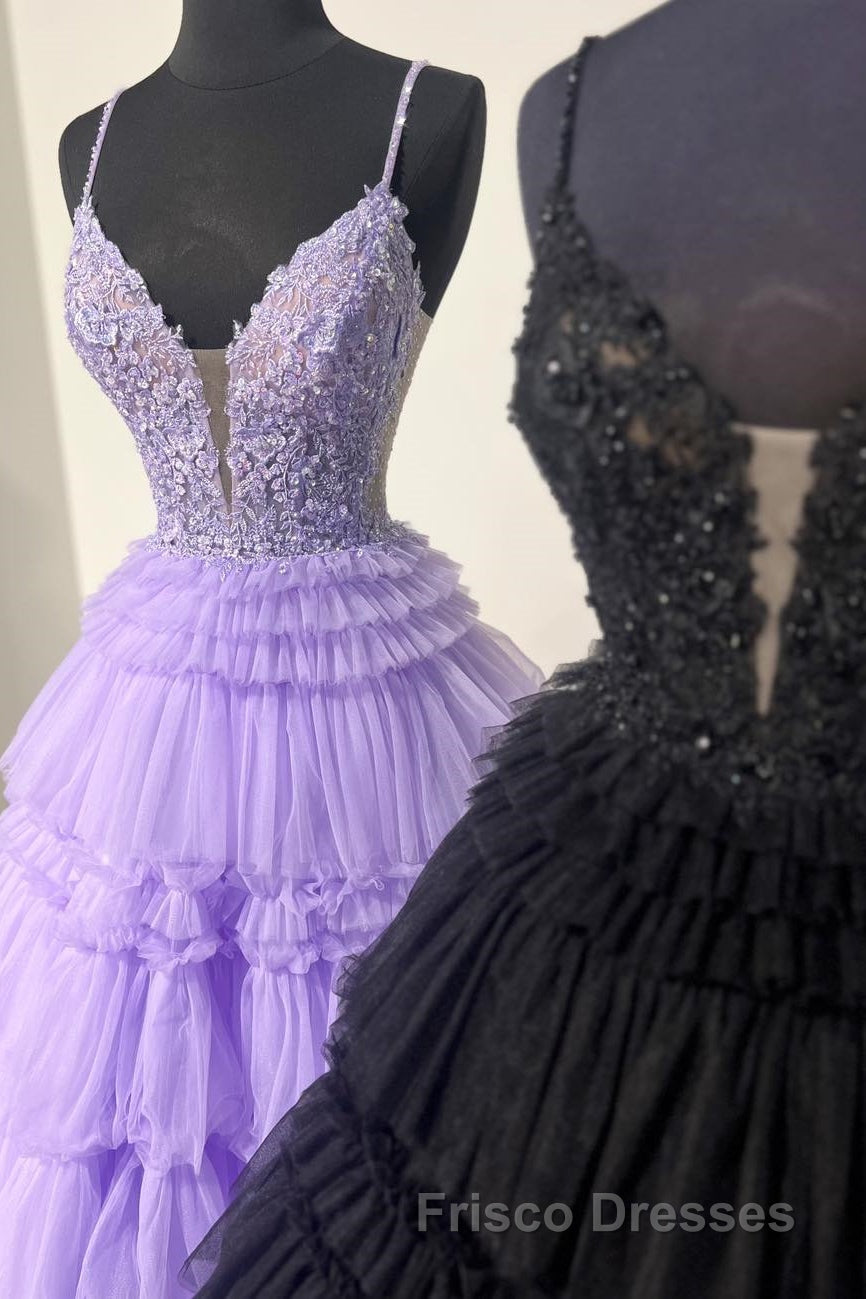 Lilac Floral Layers Spaghetti Straps Lonh Formal Prom Dress