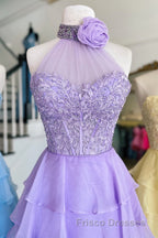 Lavender Illusion Halter Flower Appliques Multi-Layers Long Formal Prom Dress