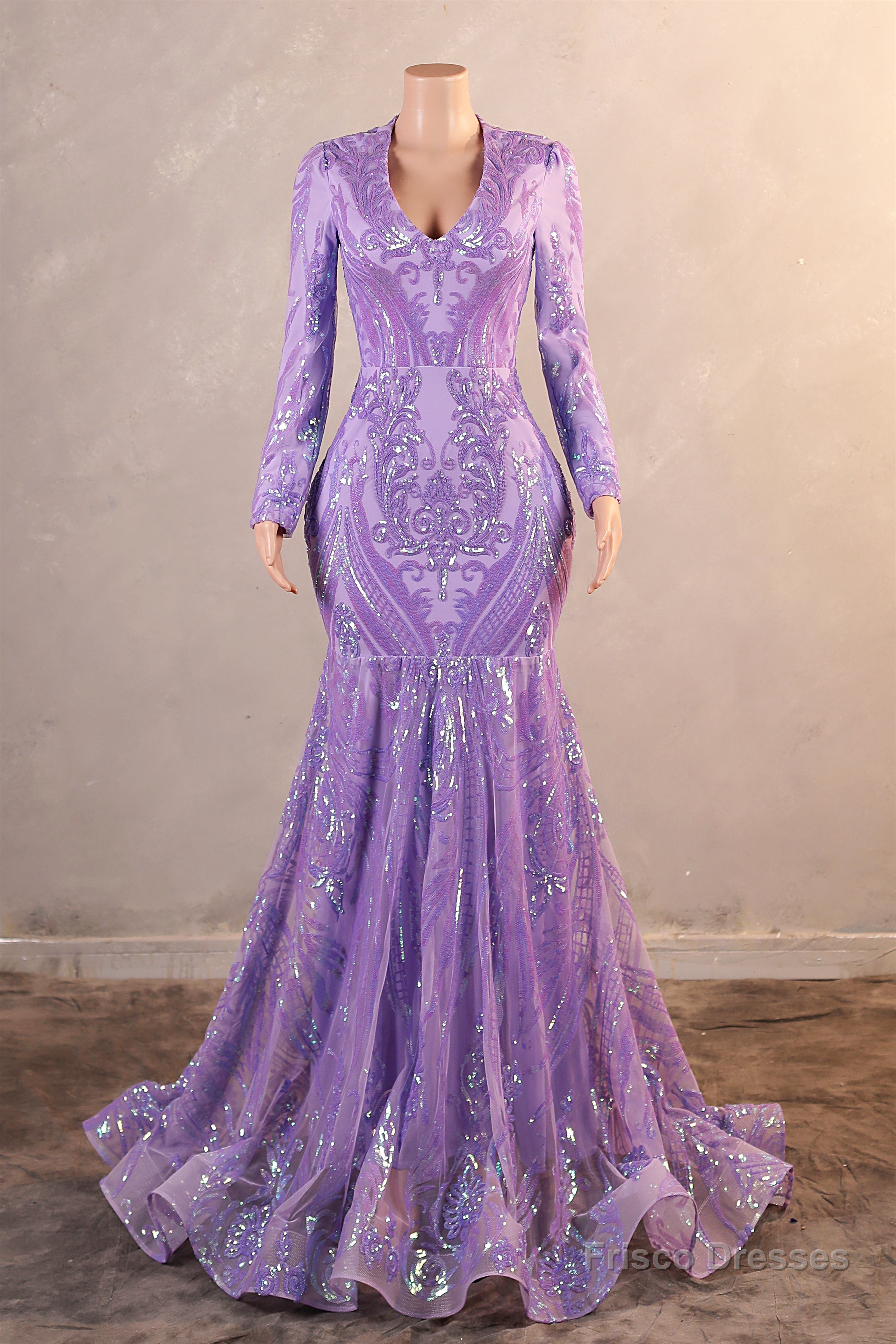 V-Neck Long Sleeve Zipper Sequins Mermaid Sweep Train Evening Dress Main image