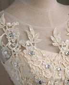 Champagne Lace Round Neck Short Formal Prom Dress, Bridesmaid Dress