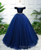 Dark Blue Tulle Off Shoulder Long Formal Prom Dress, Blue Sweet 16 Dress