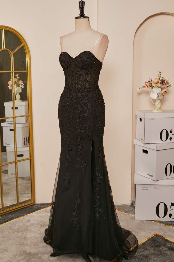 Black Strapless Appliques Mermaid Long Prom Dresses with Slit Secondary image