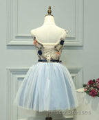 Gray Blue Tulle Short Formal Prom Dress, Tulle Homecoming Dress
