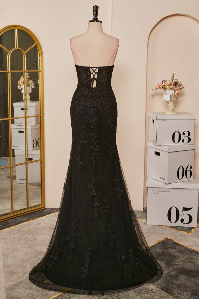Black Strapless Appliques Mermaid Long Prom Dresses with Slit Main image