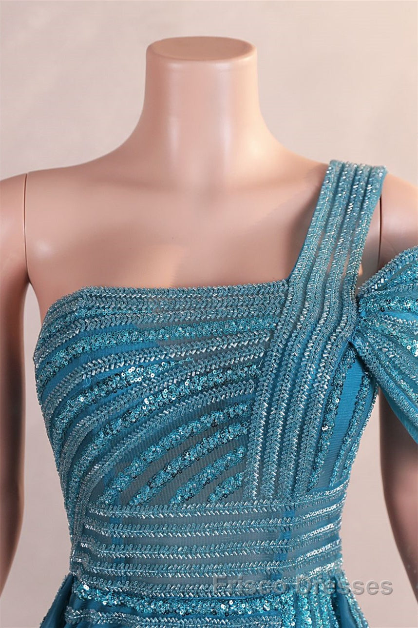 One-Shoulder Beading Sweep Train Backless Evening Dresses