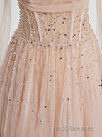 Champagne Pink Tulle Beads Long Formal Prom Dress, Champagne Evening Dress