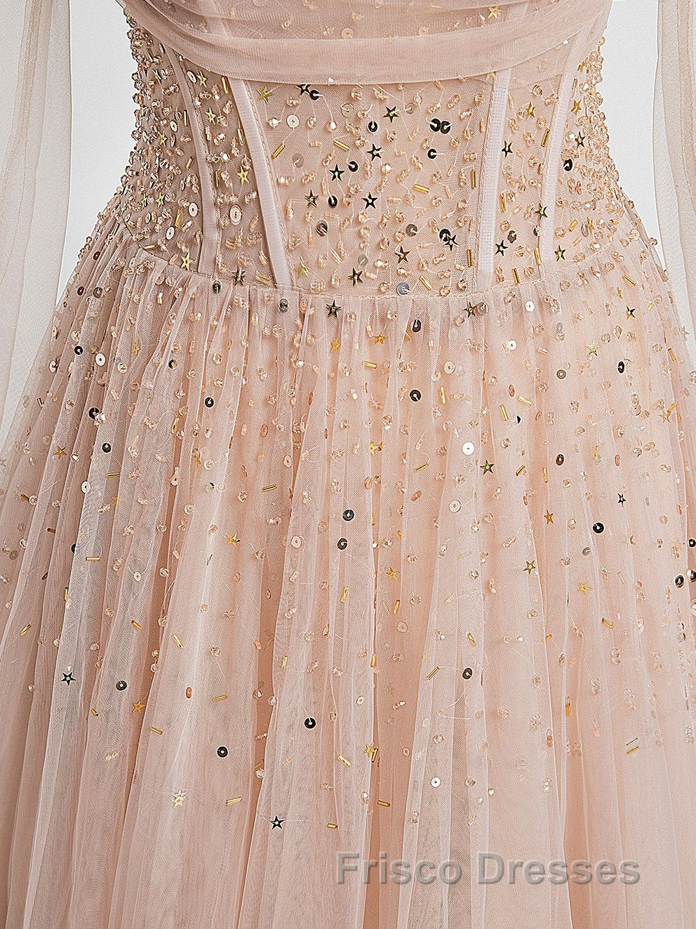 Champagne Pink Tulle Beads Long Formal Prom Dress, Champagne Evening Dress