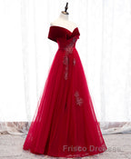 Burgundy Tulle Off Shoulder Long Formal Prom Dress, Burgundy Formal Prom Dress