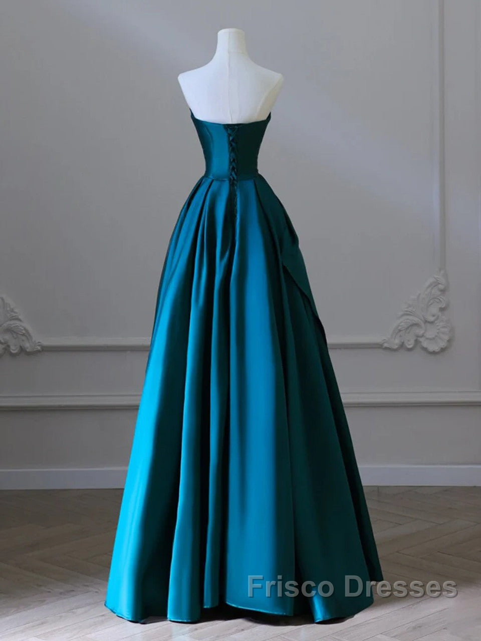 Simple Blue Satin Strapless Formal Prom Dress