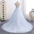 Ball Gown Chapel Train V Neck Sleeveless Backless Appliques Formal Prom Dress