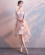 Pink Round Neck Lace Short Prom Dress Pink Homecoming Dress 1