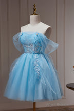Blue Off The Shoulder Beading Appliques Tulle Short Homecoming Dresses