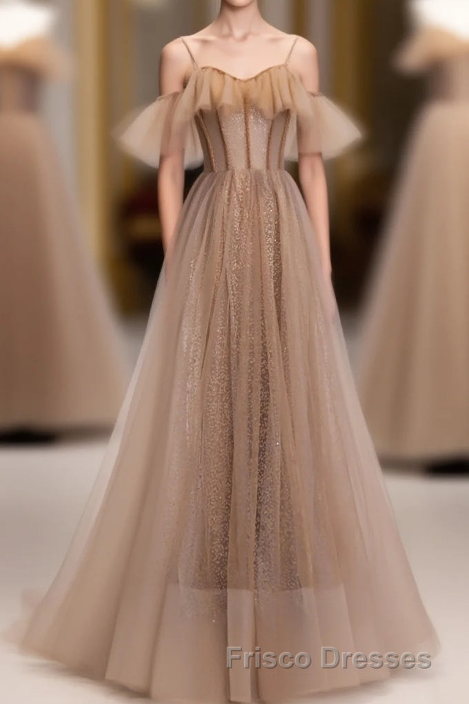 Champagne Tulle Sequin Long Formal Prom Dress, Champagne Evening Dress Main image