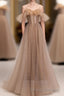 Champagne Tulle Sequin Long Formal Prom Dress, Champagne Evening Dress