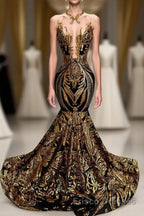 Long Sleeveless Mermaid Formal Prom Dresses with Gold Sequins