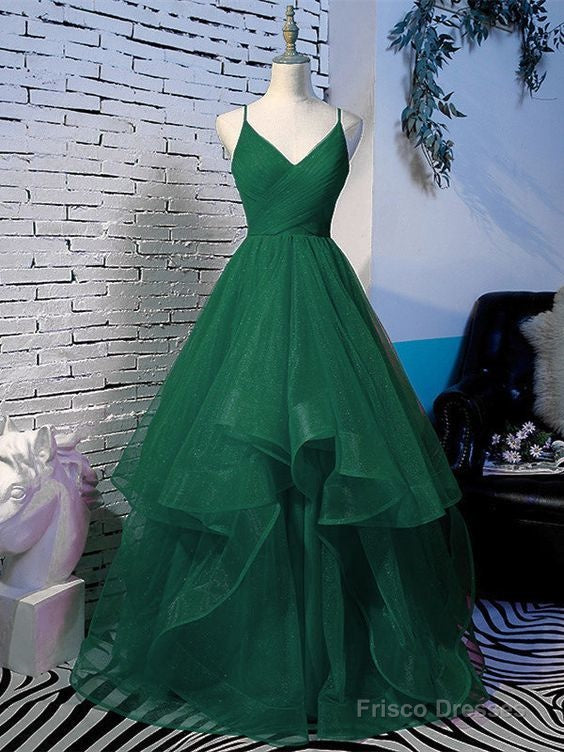 a line prom dresses evening dress spaghetti straps open back long dark green tulle with ruffles Main image