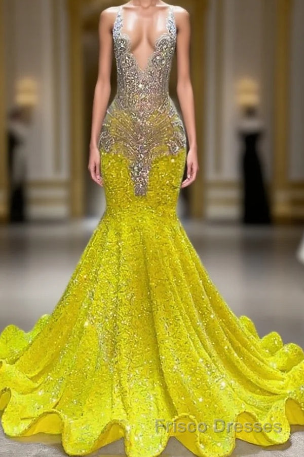 Yellow V-Neck Sleeveless Mermaid Formal Prom Dresses Featuring Beadings and Sequins Main image