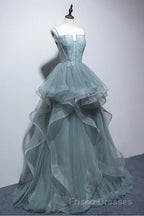 Gray Spaghetti Straps Tulle Princess Formal Prom Evening Party Dress Long Formal Prom Dress