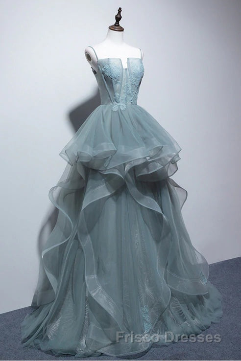Gray Spaghetti Straps Tulle Princess Formal Prom Evening Party Dress Long Formal Prom Dress