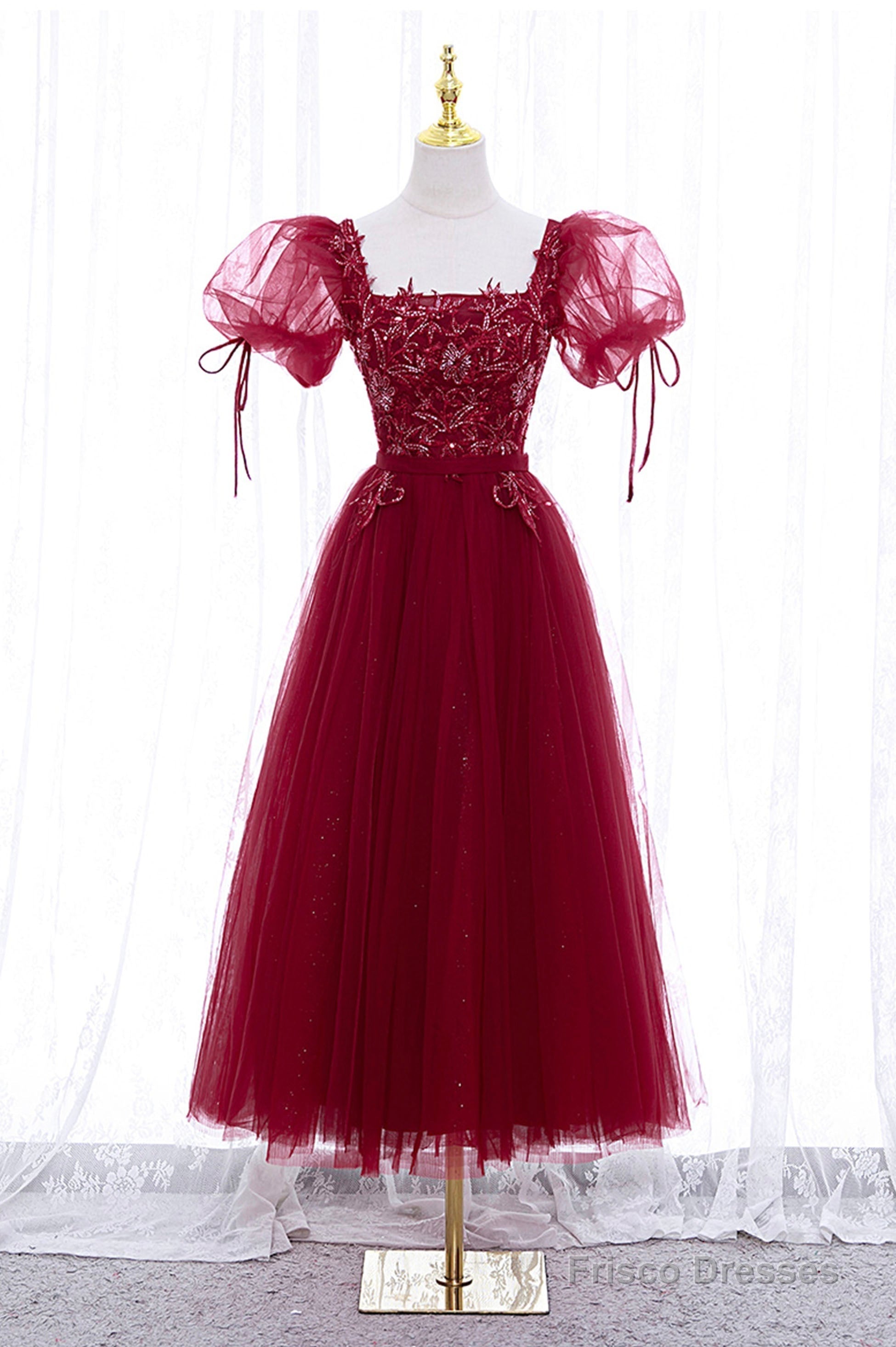 Burgundy Short Sleeve Tulle Tea Length Prom Dress, A-Line Party Dress Main image