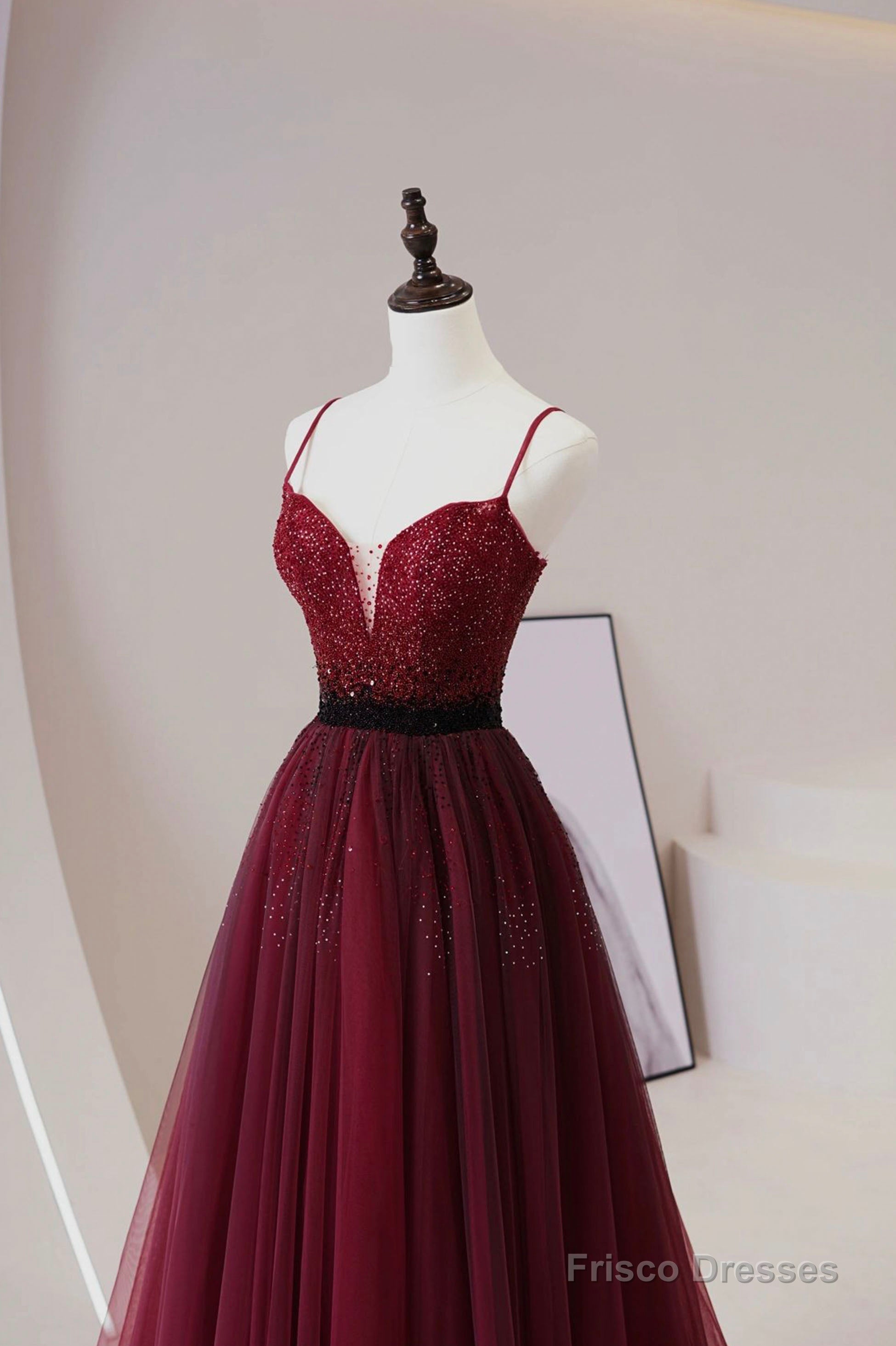 Burgundy Tulle Beaded Long Prom Dress, A-Line Spaghetti Strap Evening Dress Secondary image