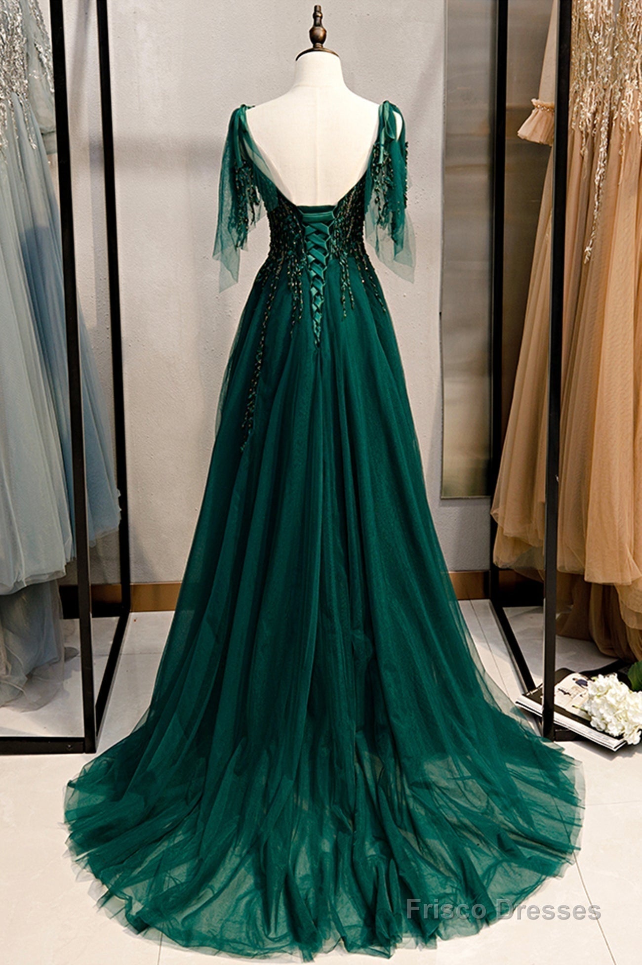 Green V-Neck Lace Long Prom Dresses, A-Line Evening Dresses Secondary image