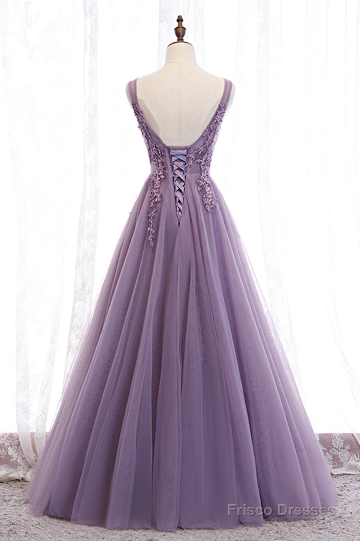 Purple V-Neck Lace Long Prom Dresses, A-Line Evening Party Dresses