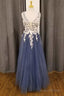 White and Navy 3D Floral Lace Plunge Neck A-Line Prom Dress
